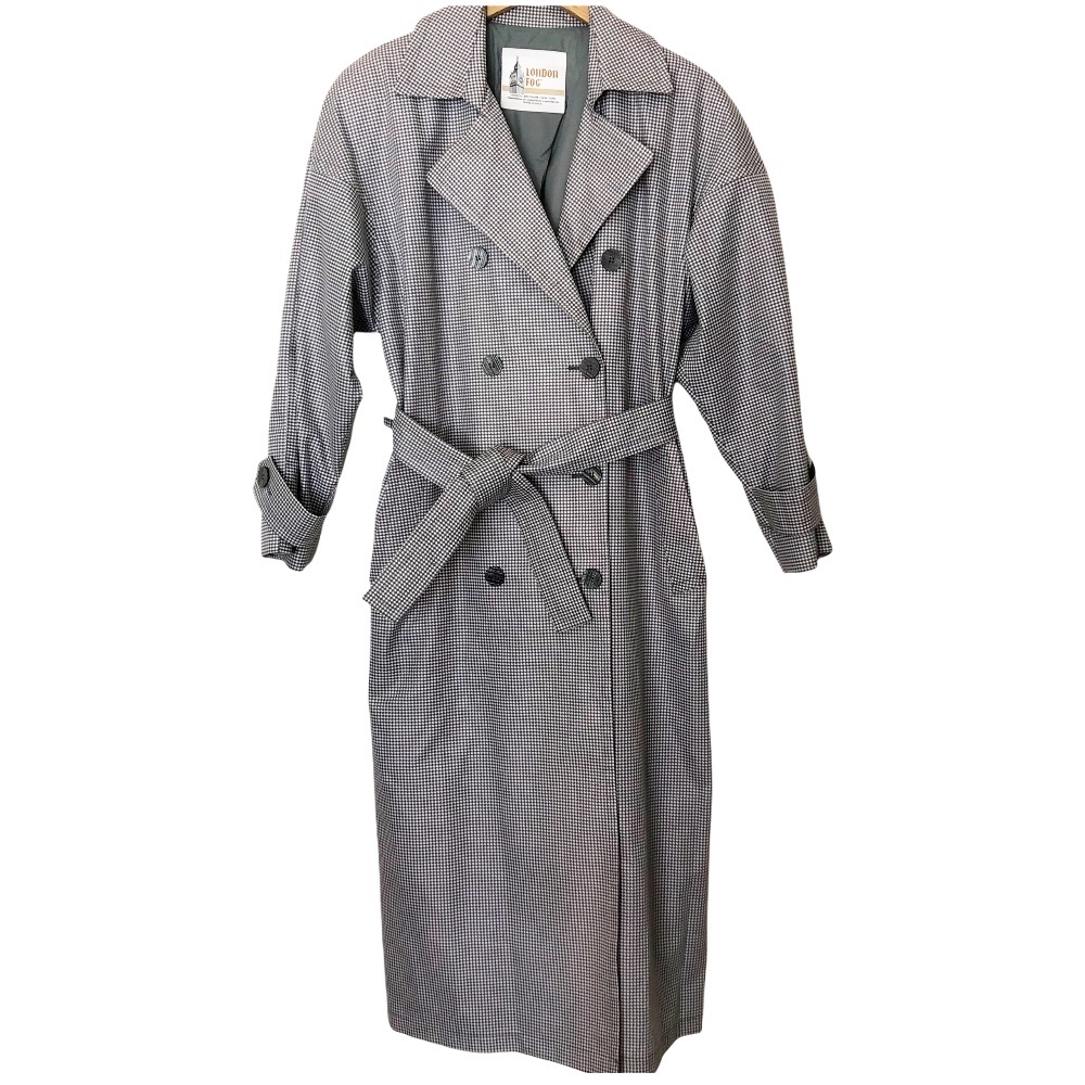 London Fog Gray and White Gingham Trench Coat